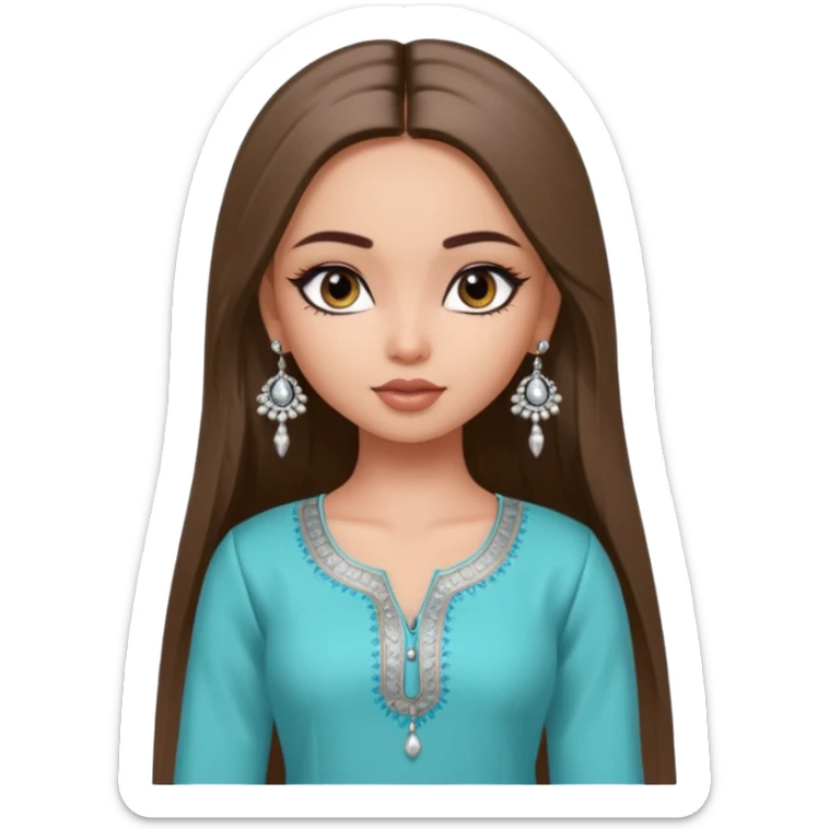 generate a pretty bratz girl wearing a kurti, eyeliner on, long straight hair, silver jhumkas in ear sticker