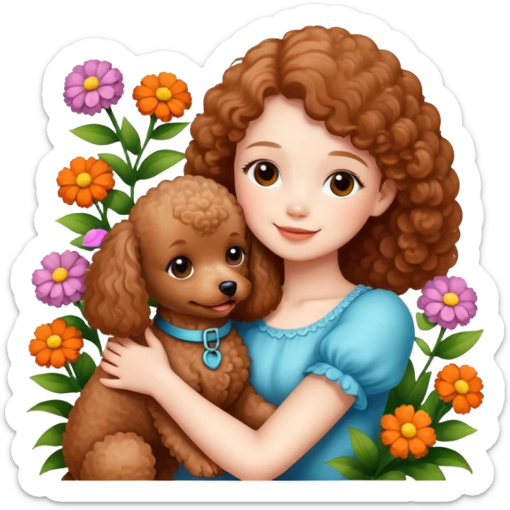 A beautiful girl happily hugs a brown toy  poodle in the flowers sticker