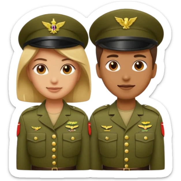 one emoji (female) wearing Army combat uniform and a second emoji (male) wearing the army green service uniform sticker