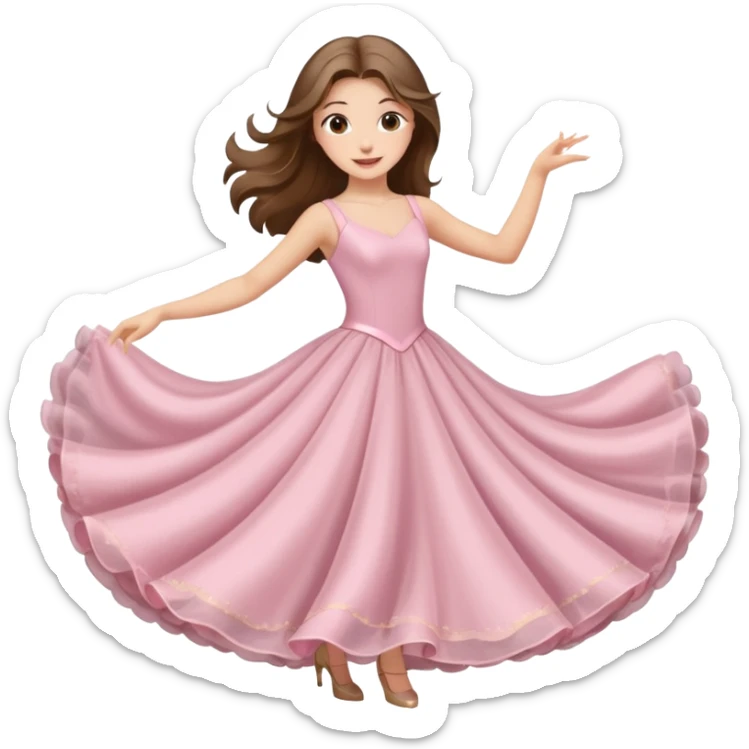 happy white long brunette hair girl with hazel eyes in light pink ballroom dancing sticker