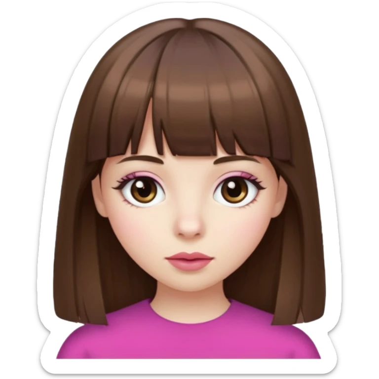 brown straight hair, bangs, big brown eyes, small nose, pale white skin, pink lips sticker