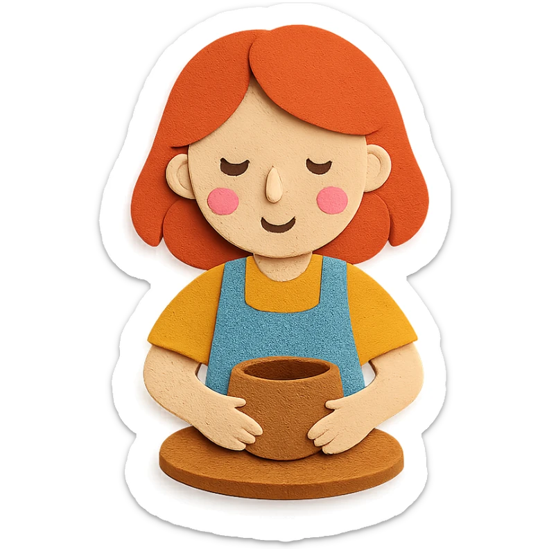 paper craft style girl with shoulder-length red hair making a bowl with clay sticker