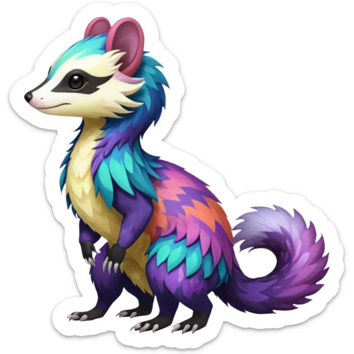 Colorful diaphanous Trico-Sergal-Skunk-Ferret-Furret-Marsupial-Vernid-fusion-Fakemon-animal-hybrid-creature, full body sticker