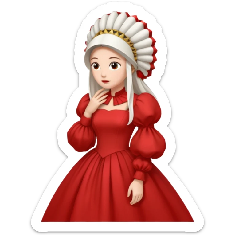 mujer de perfil con un vestido rojo de manga y falsas largas y voluptosas, y una toca blanca GRANDE que cubre su cara de perfil sticker