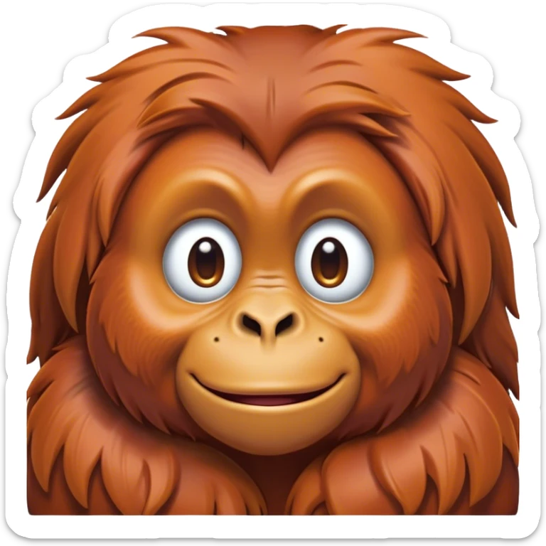 Cinematic Cute Orangutan Portrait Emoji, Head tilted playfully and inquisitively, with a gentle, expressive face accented by soft, flowing fur and round, sparkling eyes brimming with warmth, Simplified yet irresistibly adorable features, highly detailed, glowing with a warm, friendly glow, high shine, affectionate and lively, stylized with a touch of jungle whimsy, bright and endearing, soft glowing outline, capturing the essence of a mischievous yet loving orangutan that seems as if it could swing out of the screen into your arms! sticker