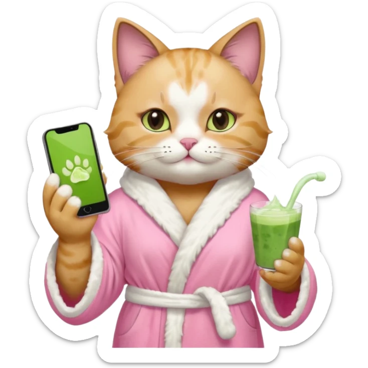 I want a CAT whit a iced macha on her paw and i want her to ne wearing a pink bath rope And she will have a face mask on her face and phone on the opisite paw whit the macha sticker