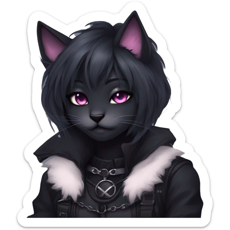 Gorgeous furry gothic dark techwear anime style anthro black cat furry sona with blushing face aesthetic and pretty edgy black with collar and harness trending style sticker