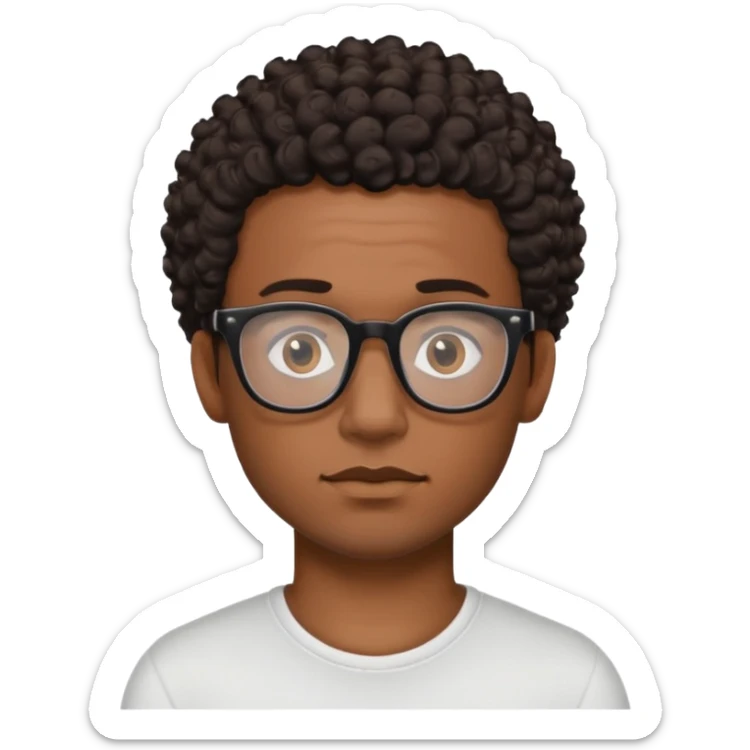black man with short dark brown curly hair, black glasses, small tattoo on neck sticker
