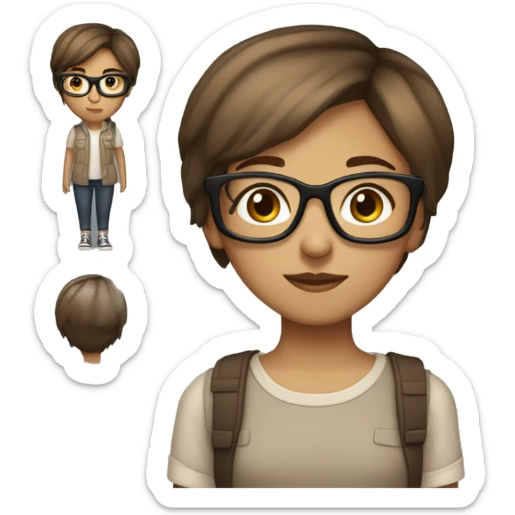 Girl with short brown tomboy haircut, brown eyes, light brown skin, dresses in Tomboy style clothes, wears glasses sticker