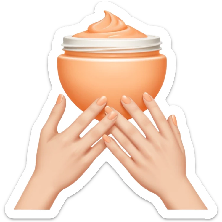 Minimal emoji of hands gently applying skincare cream, soft nude and peach tones, clean beauty aesthetic, calm and elegant, subtle glow sticker
