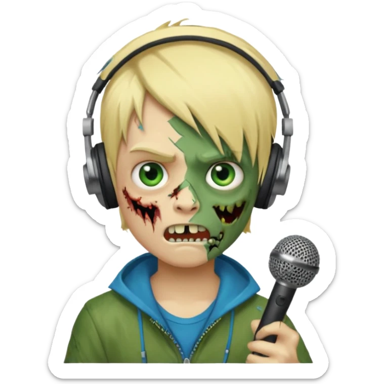 boy zombie whit blonde emo hair and eyes blue and GREEN SKIN and heandphones AND A MICROFONE AND GOLD TEETH and agesive face sticker