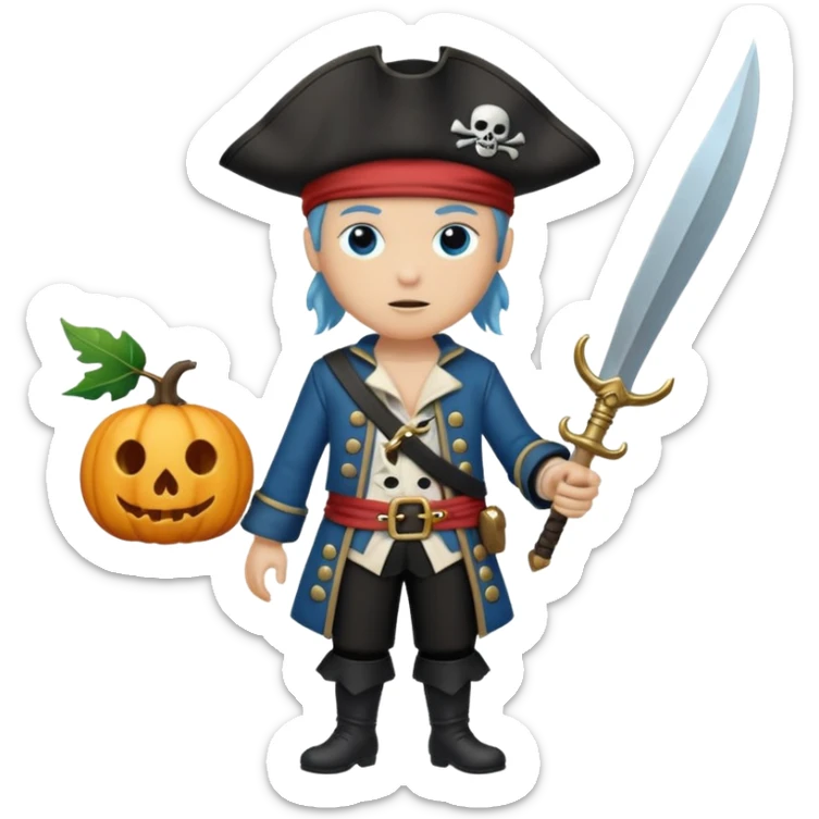 Un pirate qui fait peur uniquement bleu et noir avec une feuille d’automne noir sur la joue  sticker