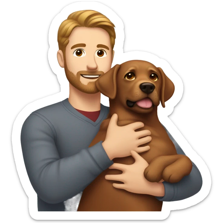 Red Labrador giving brown haired man a hug no facial hair sticker