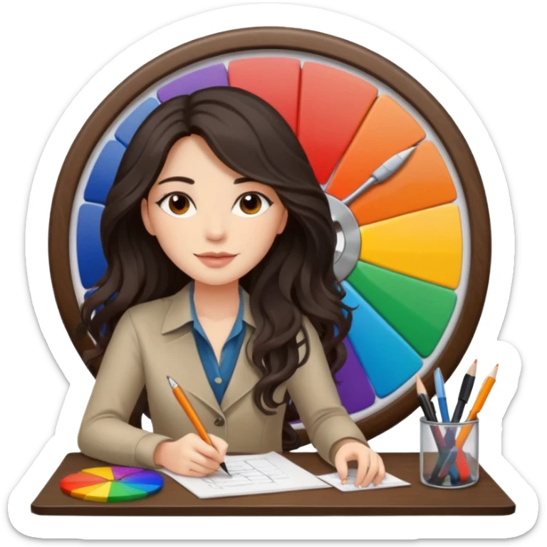 female dark wavy long hair graphic designer , big color wheel behind , pens, papers, desktop sticker