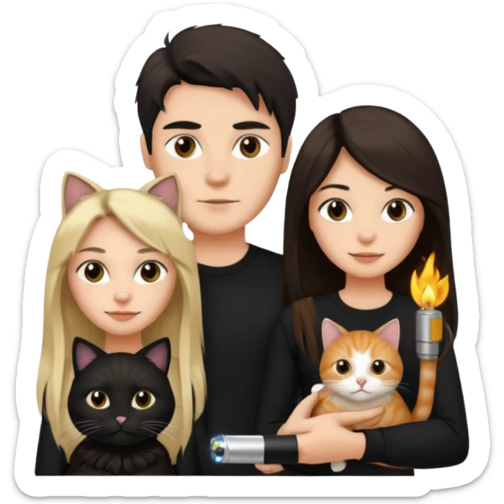 The man is wearing a black shirt and the women is wearing a black top and has longer hair. The cats fur  is lighter  sticker
