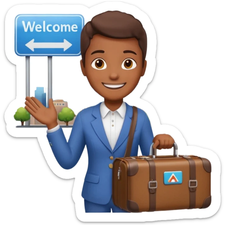 a person with luggage next to a city welcome sign, friendly and vibrant emoji style sticker
