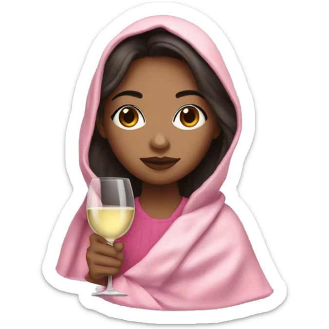 a girl with light skin and dark hair and a glass of white wine wrapped in a pink blanket sticker