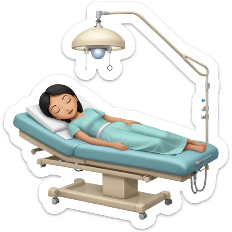 A black-haired woman in her 50s lying on an examination bed with eyes closed, shown in a wide, full-body shot in a clean colonoscopy procedure room. Only the patient is visible. sticker