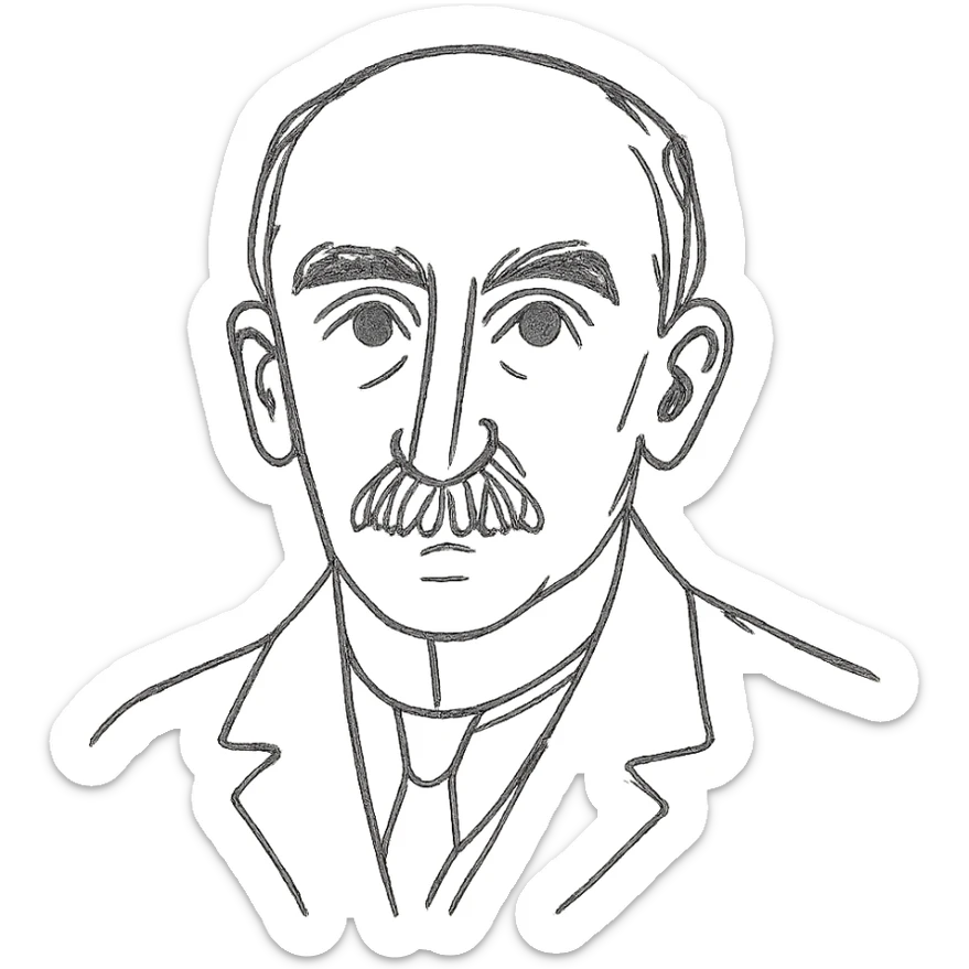 a hand drawn black outline portrait of philosopher Henri Bergson with similar-sized eyes based a famous photograph of him sticker