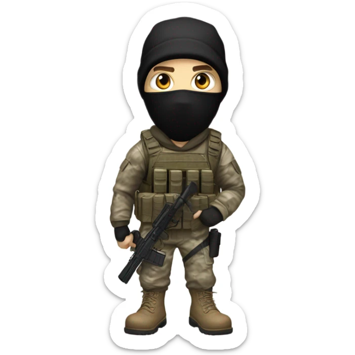 White male, call of duty black mask, camo tactical gear, tan combat boots, black beanie, blue eyes sticker