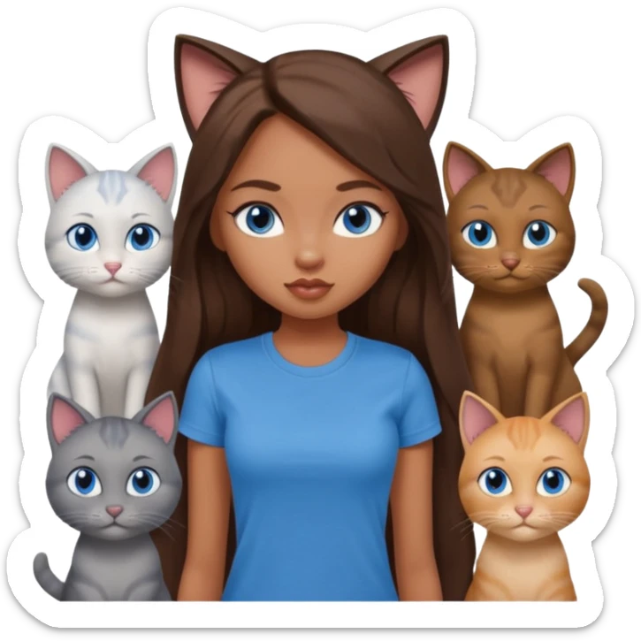 a pretty bratz dusky girl with long brown hair, blue eyes with six cats nd wearing a grey tshirt sticker