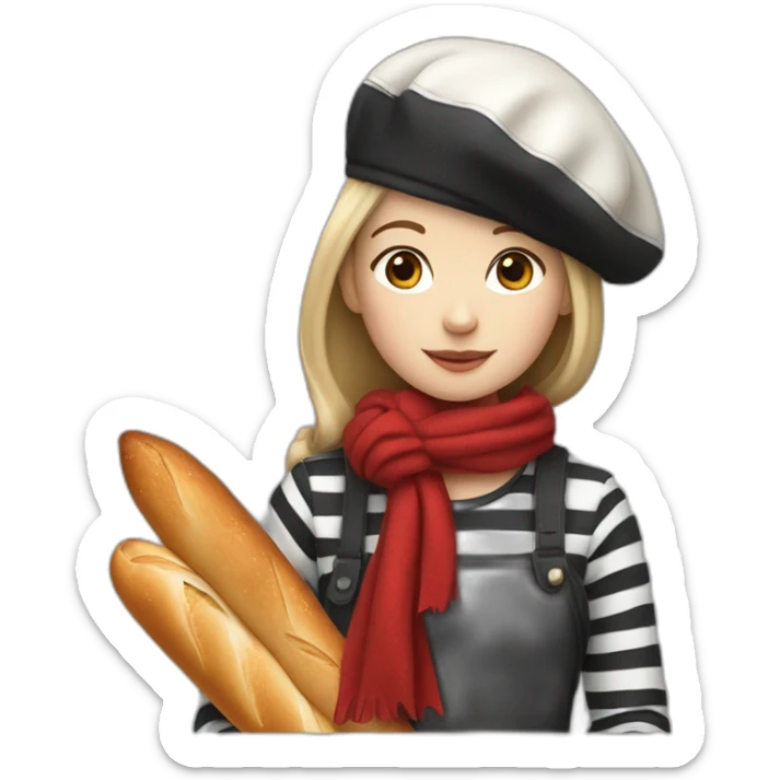 a french girl with a beret, black and white striped clothes, a red scarf and a baguette on his back. sticker