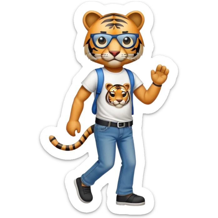 anthropomorphised tiger in a band t-shirt and jeans wearing an eye patch walking upright sticker