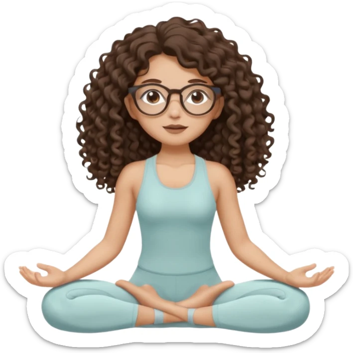 Memoji-stylegirl with long dark brown curly hair, round glasses, large brown eyes, soft rounded face, warm beige skin tone, wearing neutral Pilates activewear, calm wellness aesthetic, pastel colors, sticker-style digital illustration, smooth shading, white outline,reformer pilates doing. sticker