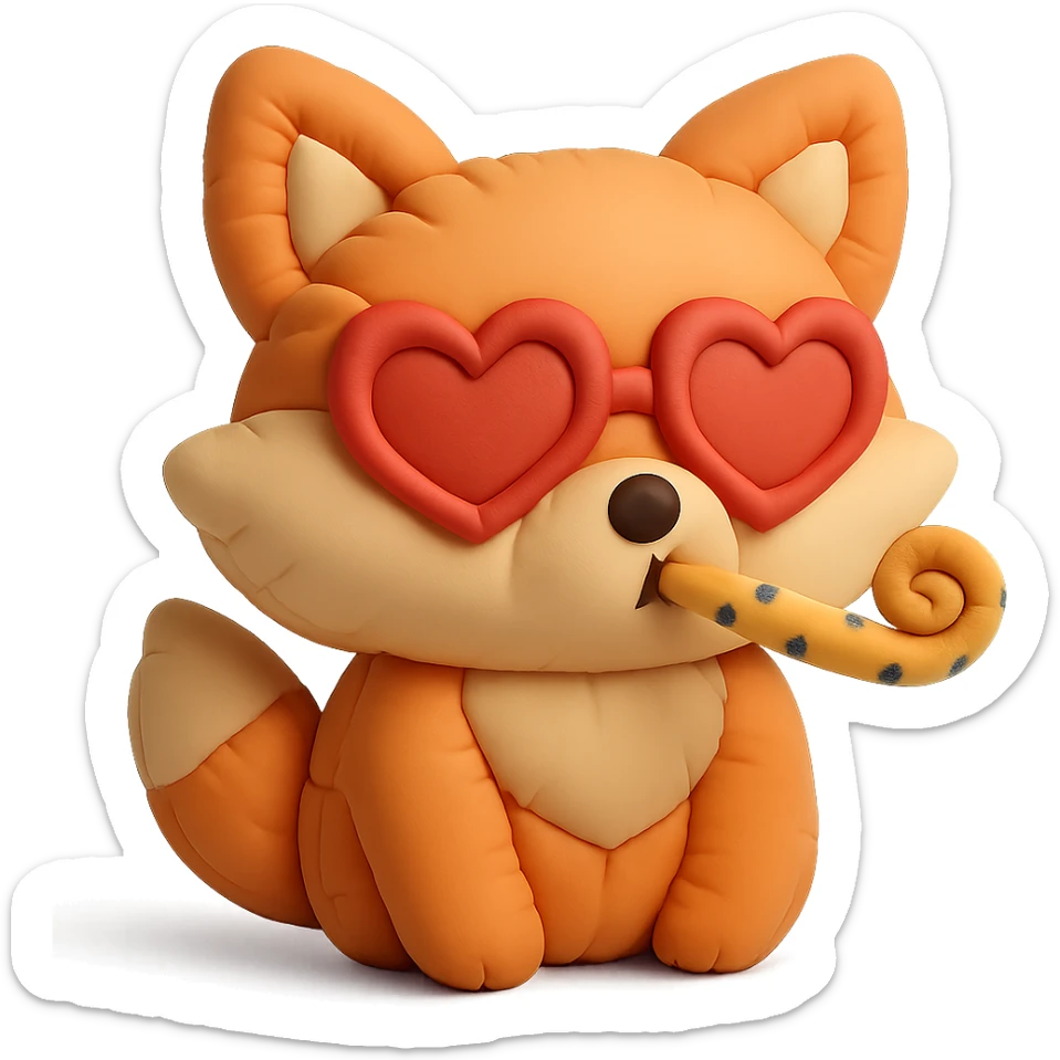 baby fox with heart glasses blowing party horn in cushion style sticker