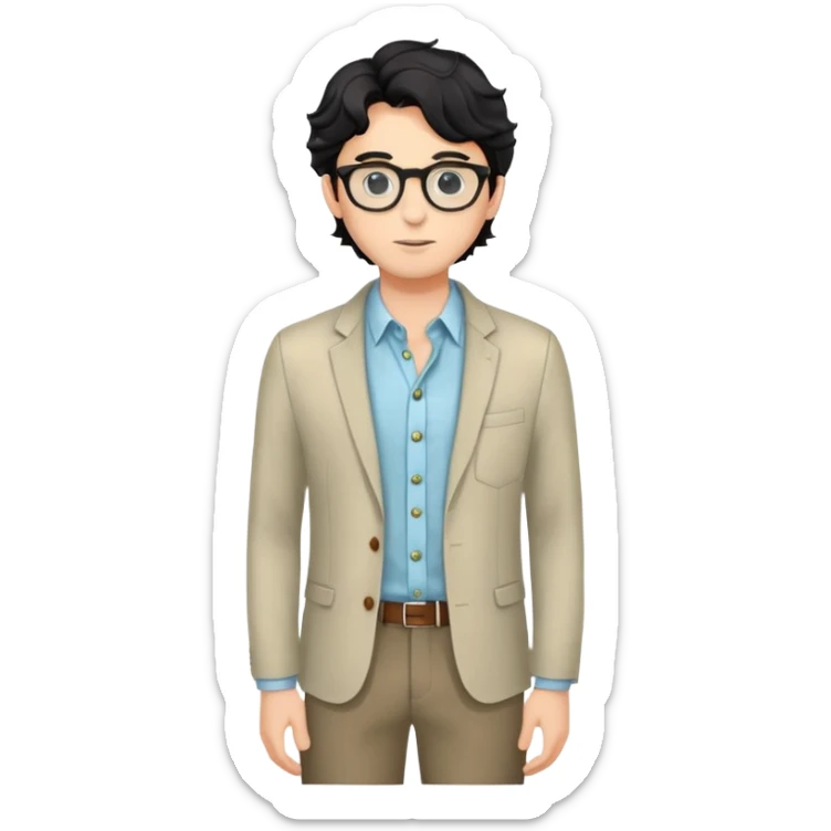 Young caucasian man with black wavy hair, round glasses, wearing semi-formal attire for theater - button-up shirt, blazer, nice pants sticker