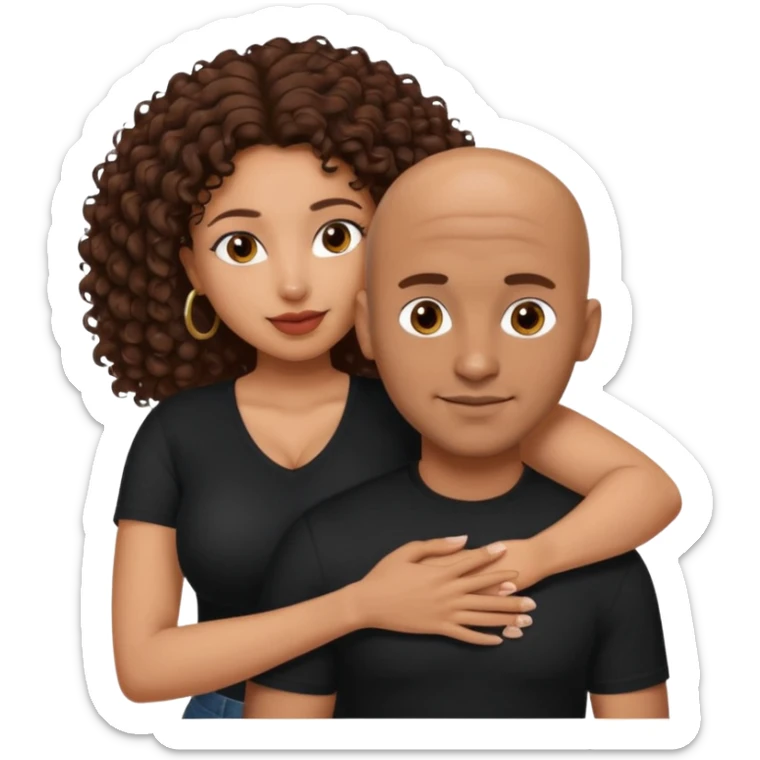 A mixed girl, the girl is wearing a black shirt, the girl has brown curly hair  and the girl has big boobs. A Mexican man is embracing her, with bald hair and clean shaven sticker