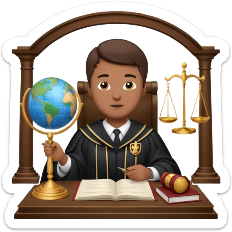 Create emojis representing:

A lawyer (legal profession symbol)

Scales of justice

Pen and paper (court documentation)

Globe (international cases)

Shield (rights protection)

Document (court ruling)

Speech bubble (negotiations/discussions)

Figure in judge's robe sticker