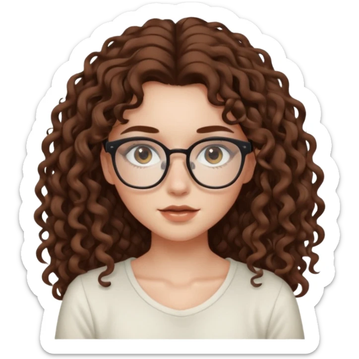aesthetic white girl with brown, long curly hair, she wears an offwhite top and wears square glasses and her eyes are black sticker