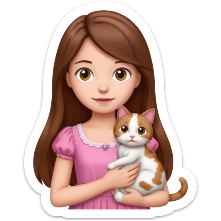 a girl with long hair dressed in pink holding a calico cat, emoji style, icon sticker