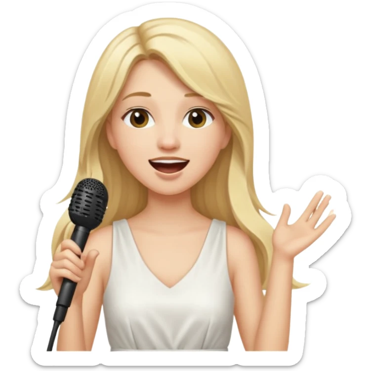 Singer Young woman – long blonde hair, around 20s, white dress, singing into mic sticker