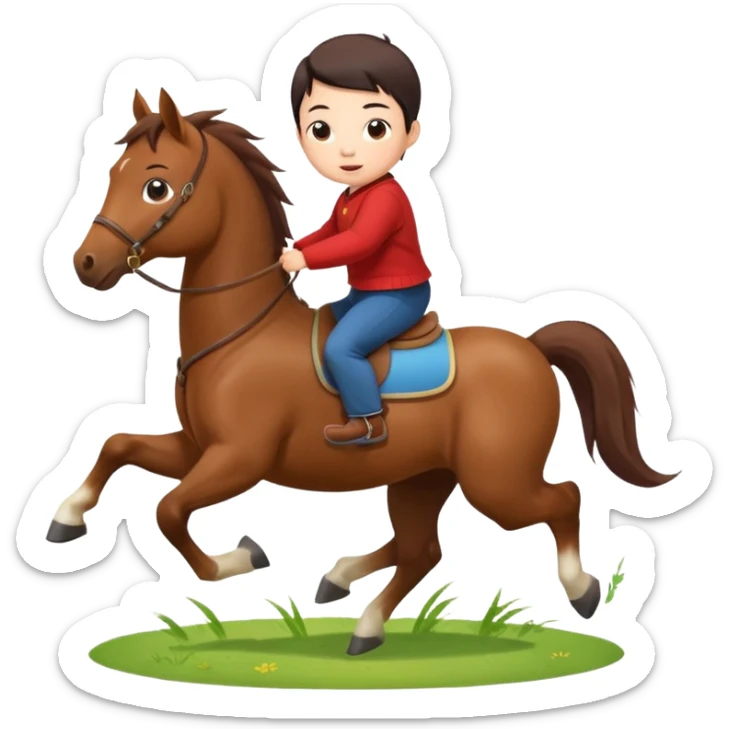 l little chinese baby riding on a  cute horse running really fast on the grass with 2026 year's label sticker