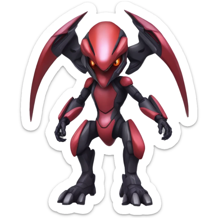 a shiny black-red Genesect-Raptor-Fakémon—hybrid with a futuristic visor-helmet full body sticker