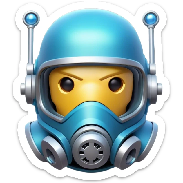 Clash of Clans aesthetic: Cinematic Playful 3D Isometric Space Helmet Emoji, rendered in a 3D vector-style similar to standard emojis with minimal shading and bold, simplified shapes. A compact, distinct form with signature details, softly glowing with a futuristic sci-fi warfare charm. Simplified yet unmistakably iconic, highly detailed and consistent, glowing with a soft radiance and high shine. Stylized with a touch of high-tech brilliance and a soft glowing outline, capturing the essence of a beloved gaming relic with a friendly, playful manner! sticker