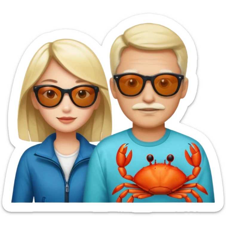 Men and girl Alaska crab are moving wearing a sunglass and 海港薈 sticker