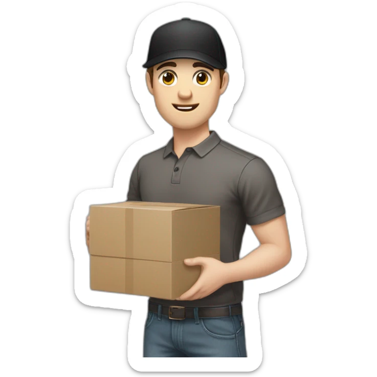Pale skinned fit Man with dark brown hair in a black cap, gray jeans and brown polo T-shirt keeping a pasted with tape white box into his hands sticker