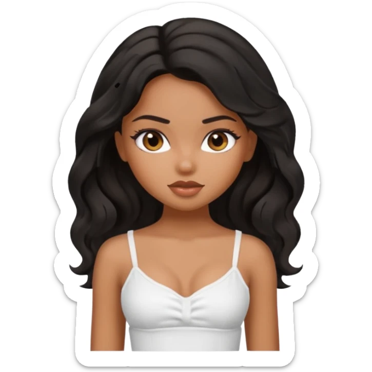 a pretty bratz tan girl with wavy black hair wearing a white cami top. Skintone is brown sticker