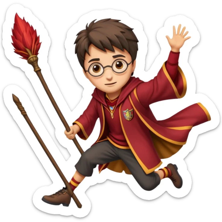 Cartoon-style illustration of Harry Potter flying on a broomstick, Gryffindor red and gold outfit, expressive face, dynamic motion, magical vibe, smooth shading, vibrant colors, no background, transparent background, isolated character. sticker