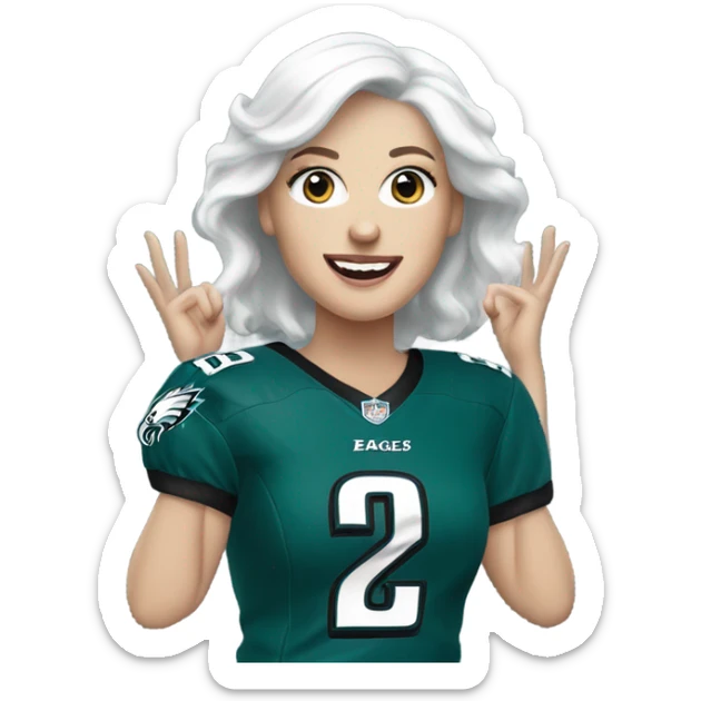 White female light skin white hair blue eyes wearing Philadelphia Eagles jersey cheering sticker