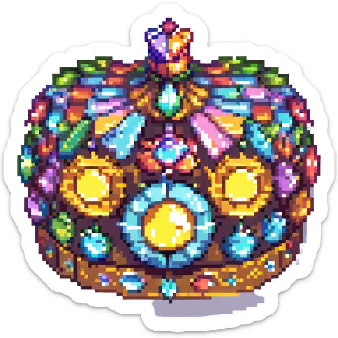 metal crown encrusted with colorful gems, radiating power in pixel art style sticker