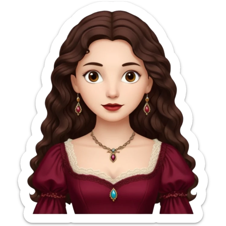 Renaissance lady – long dark brown wavy hair, burgundy gown with lace neckline sticker