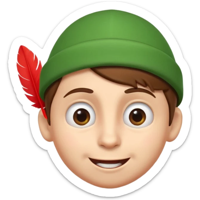 A cute 3D emoji head of a mischievous cartoon boy, fair skin, big expressive eyes, thick eyebrows, smiling with a slightly open mouth, brown hair, wearing a green pointed cap with a red feather, smooth sticker