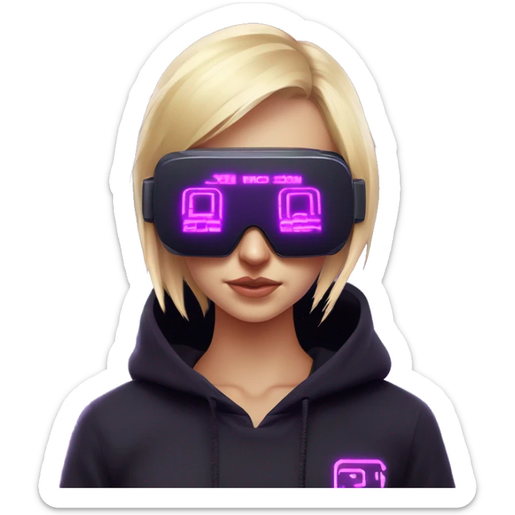 Russian cute blond student girl wearing black hoody with violet letters "OMG", in vr headset. No eyes. Cyberpunk style. Violet neon. sticker