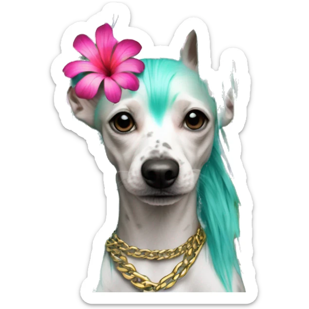 Punk tropical palm leaves flowers Chinese crested dog neon rainbow cyan green pink hair gold chain punk piercings tattoos punk ear piercings sticker