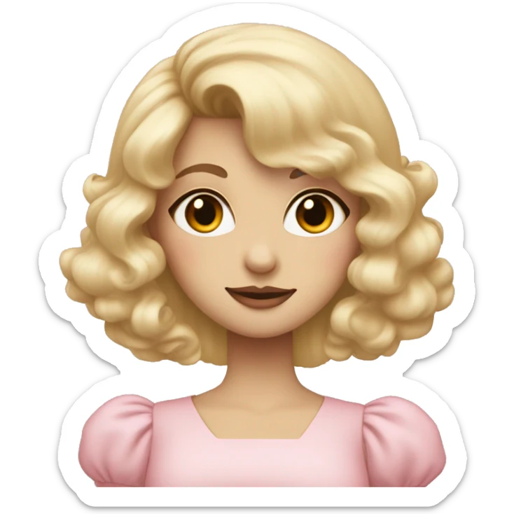 Blonde, pale girl with bangs and long, curly hair and a pastel pink puff sleeve dress sticker