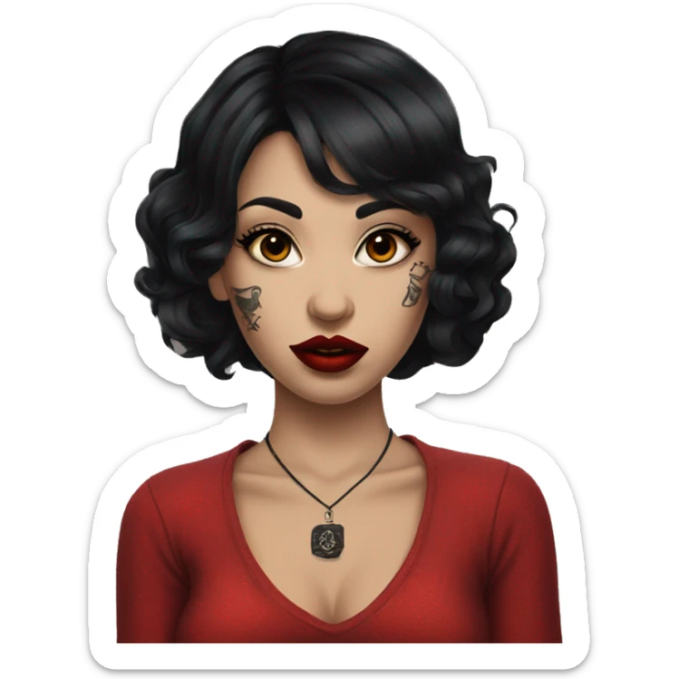 Pale black haired girl with black tattoos on body wearing red lipstick  sticker